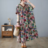 Flower Print V-neck Loose And Slim Cotton And Linen Dress