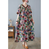 Flower Print V-neck Loose And Slim Cotton And Linen Dress