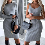 2pcs Suit Solid Stripe Long-sleeved Dress